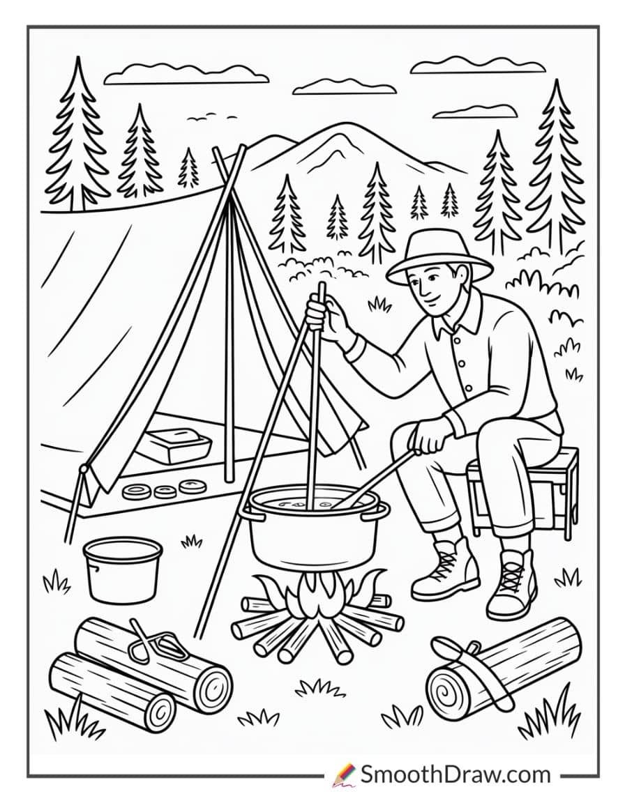 Hunter Cooking Stew At Campsite