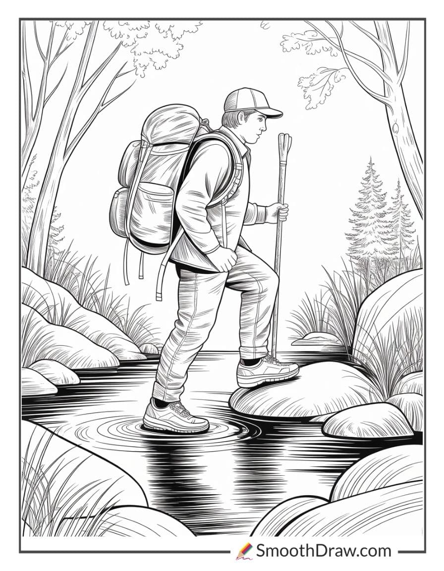 Hunter Crossing Stream With Backpack