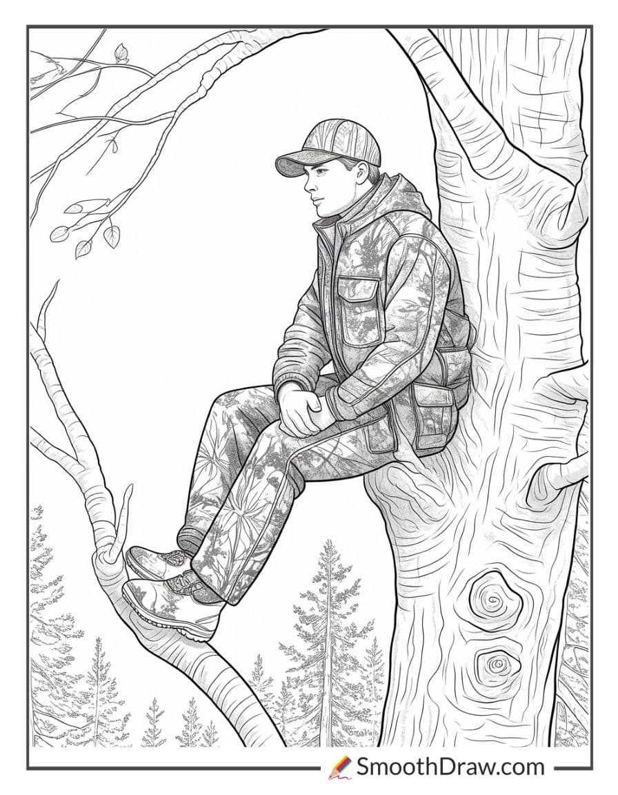 Hunter In Camo In Tree
