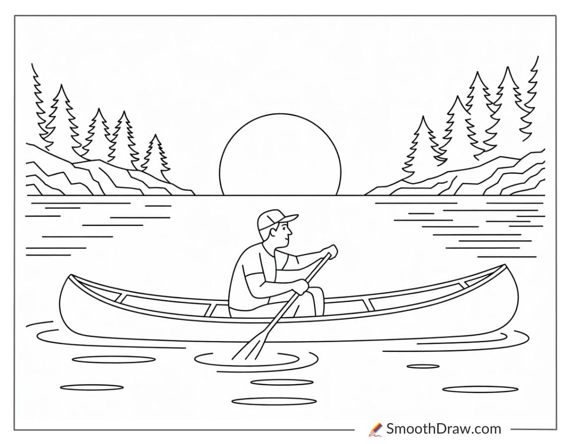 Hunter Paddling Canoe At Sunset