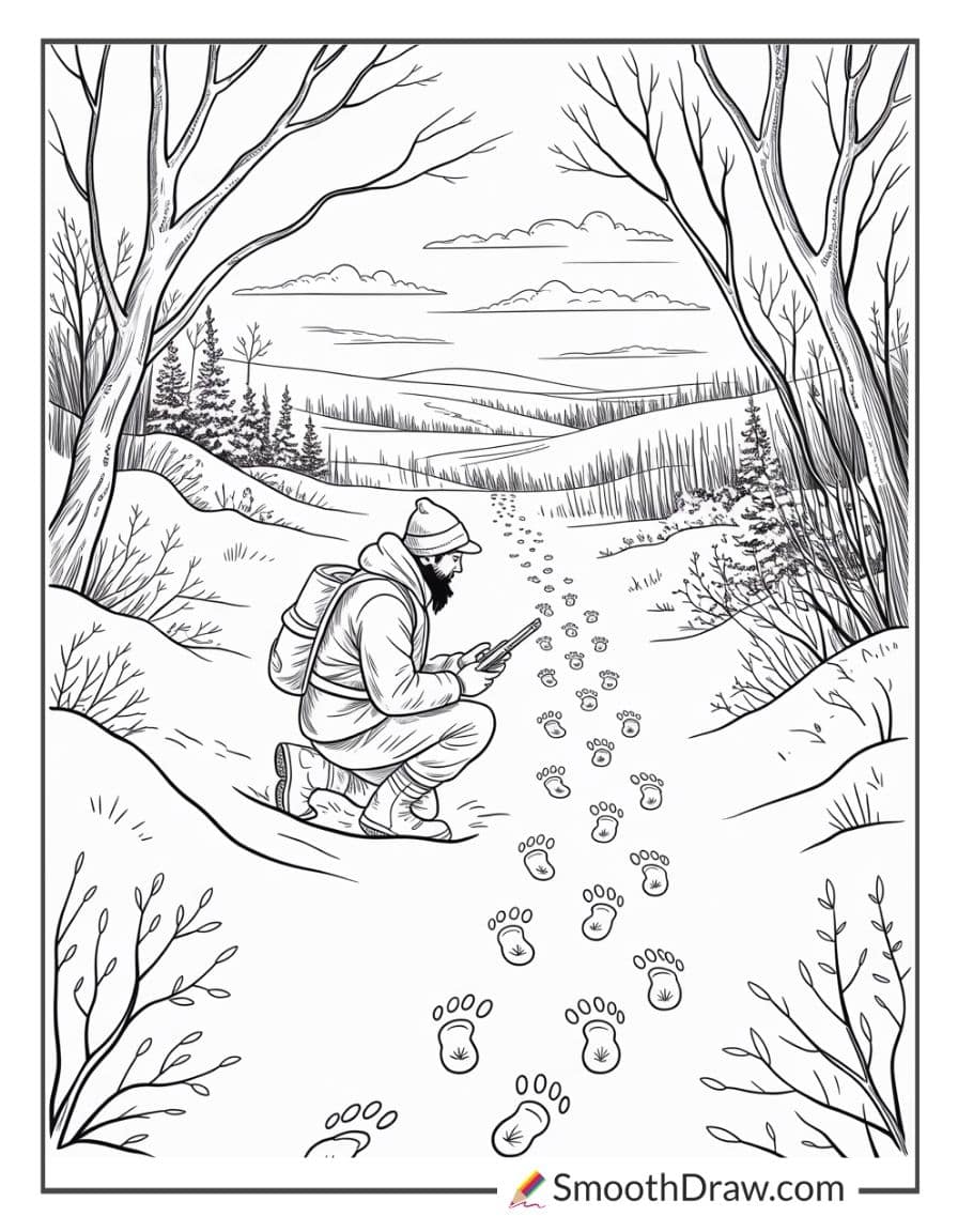 Hunter Tracking Footprints In Snow