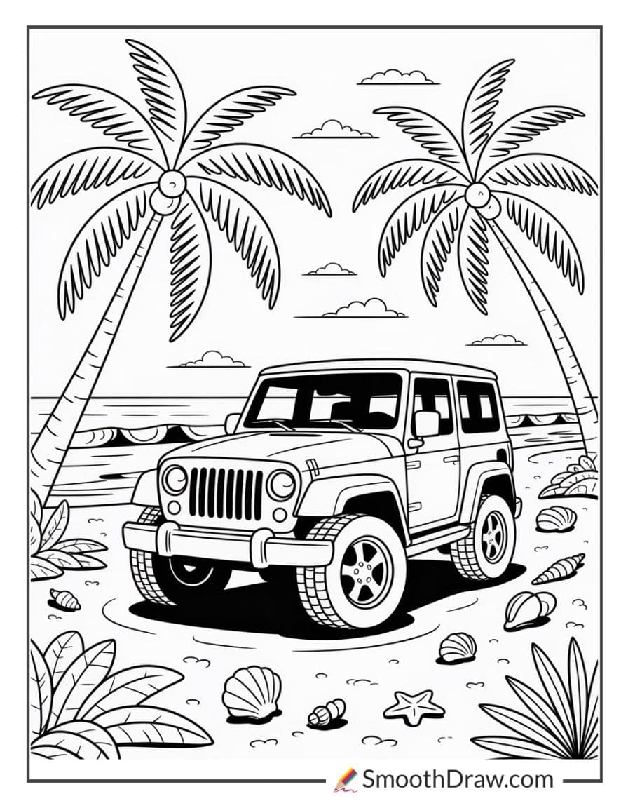 Jeep on a tropical island beach coloring page