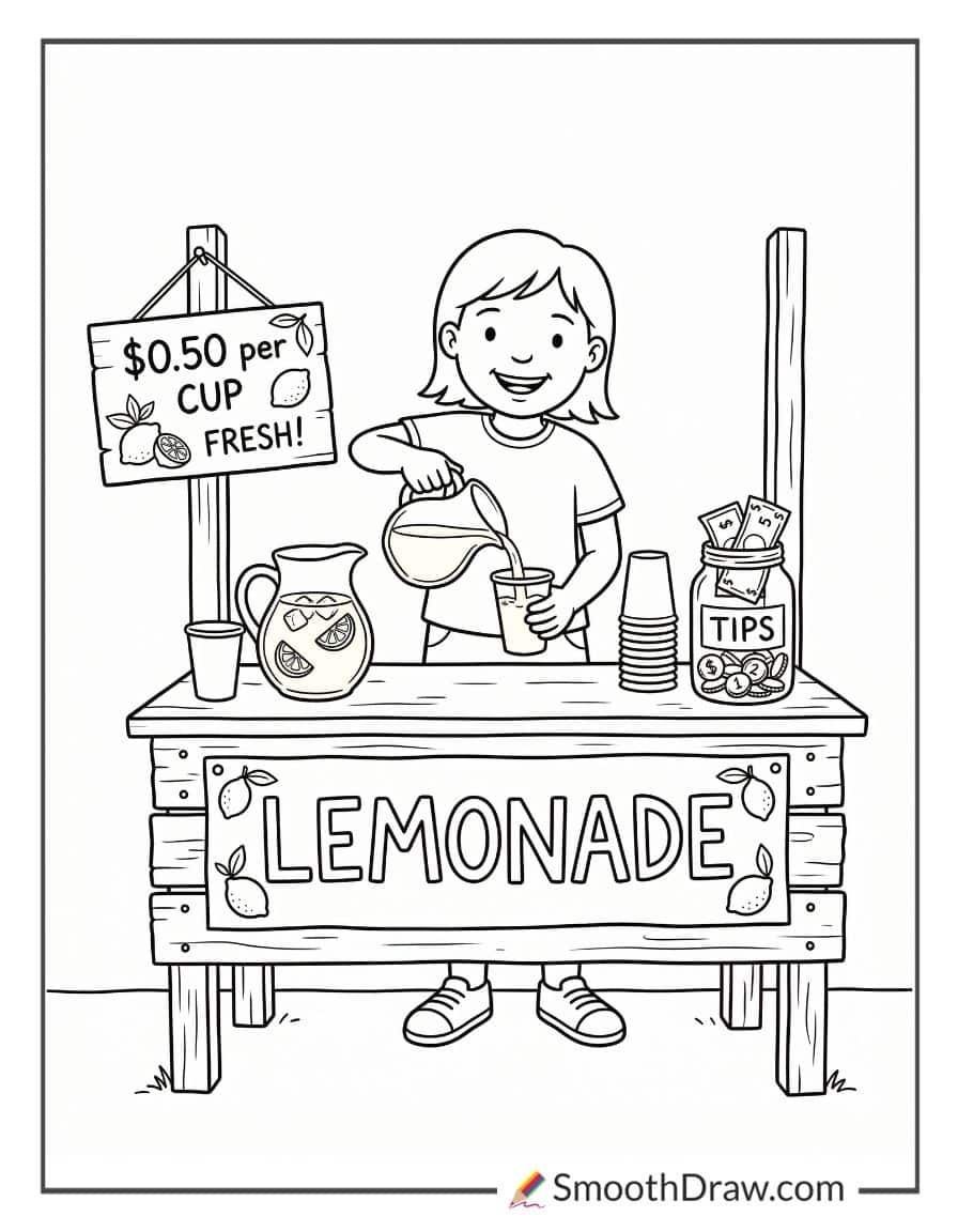 Kid running a lemonade stand coloring pages
