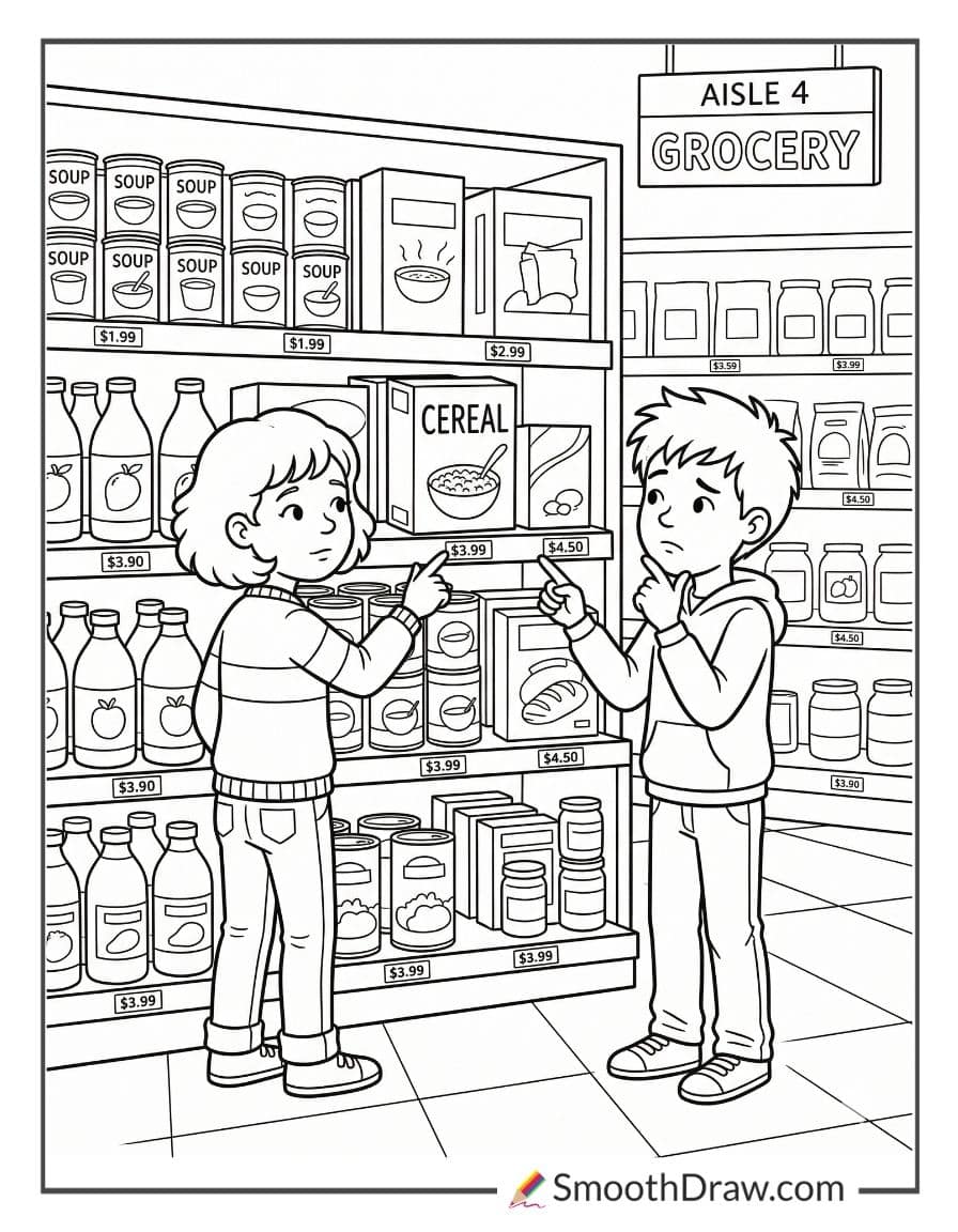 Kids comparing prices on shelves coloring pages