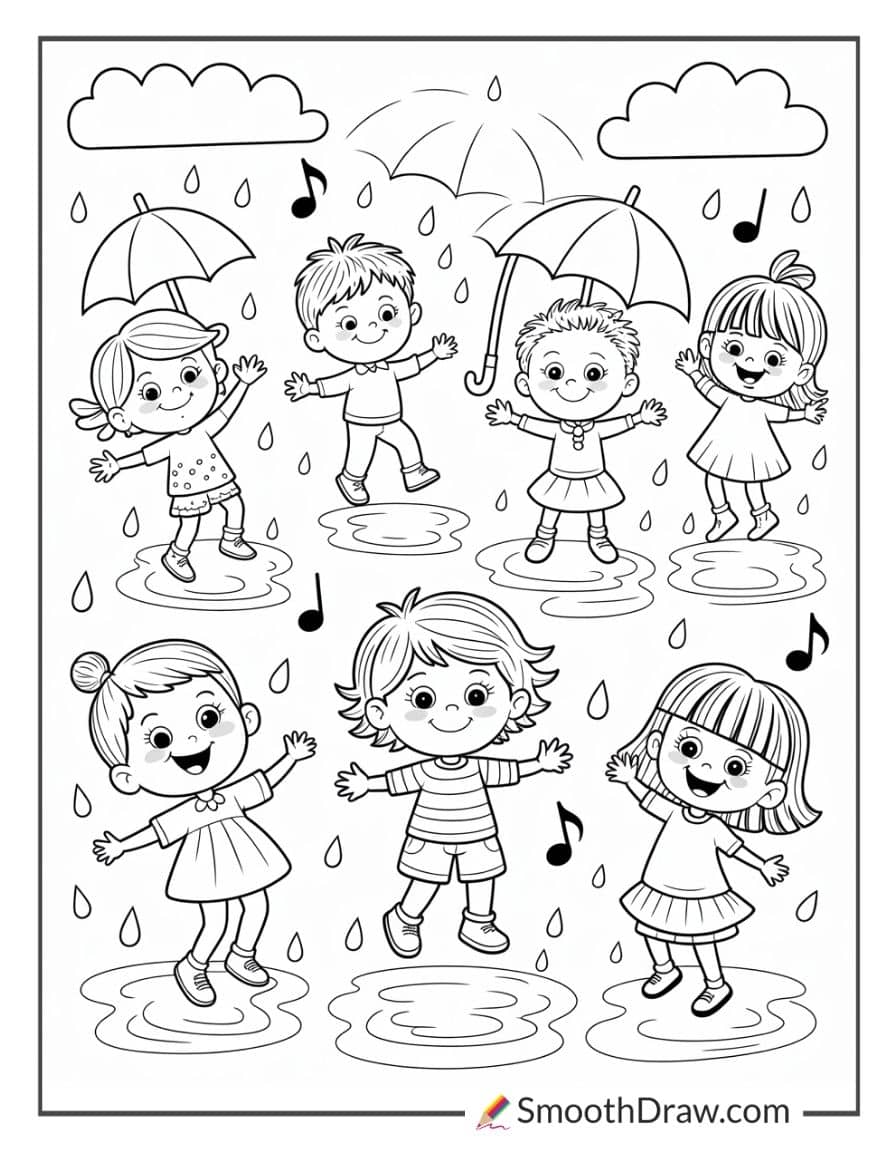 Kids Dancing In The Rain For Coloring