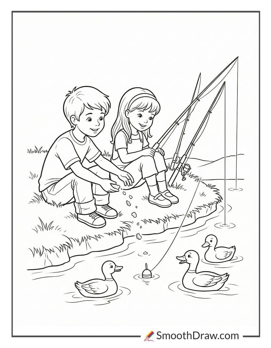 Kids Feeding Ducks While Fishing