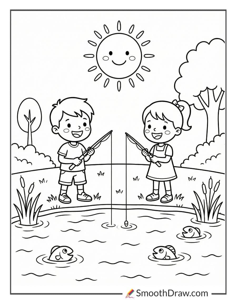 Kids Fishing At A Sunny Lake