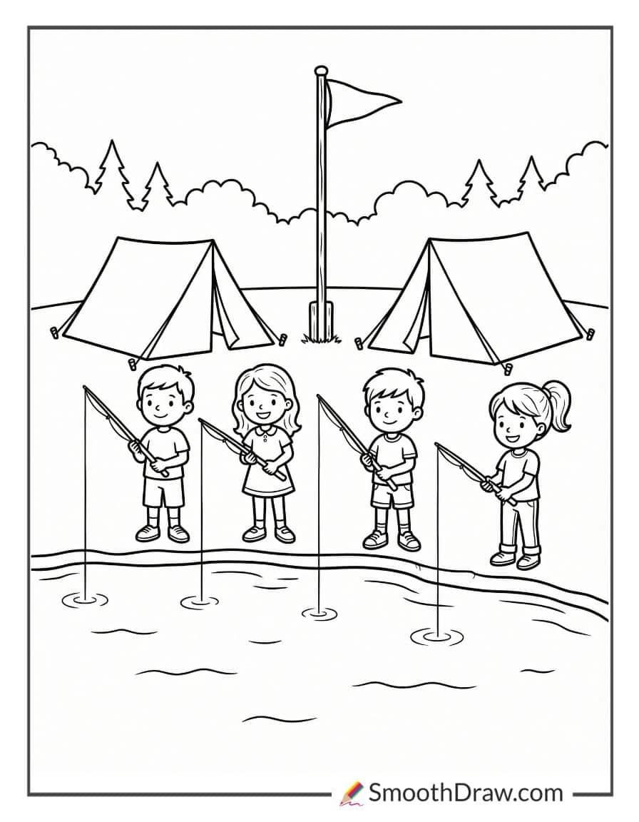 Kids Fishing At Camp Lake Coloring Pages