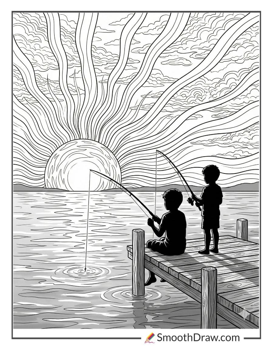 Kids Fishing At Sunset Coloring Page