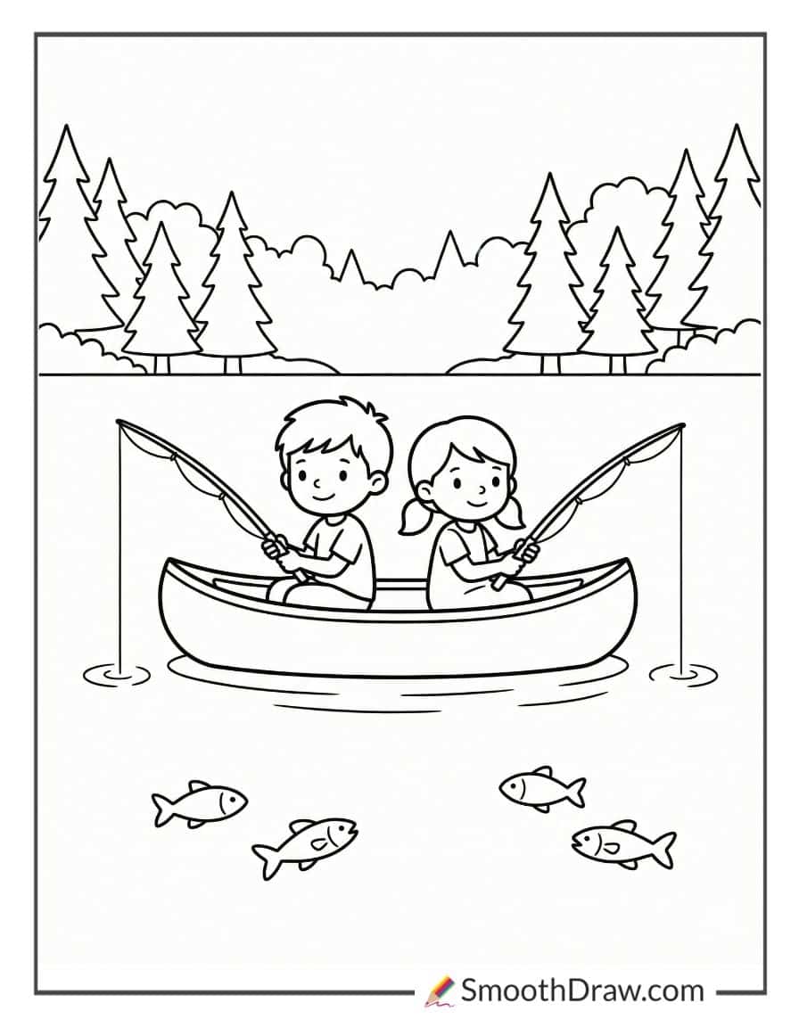 Kids Fishing From Canoe Coloring Pages