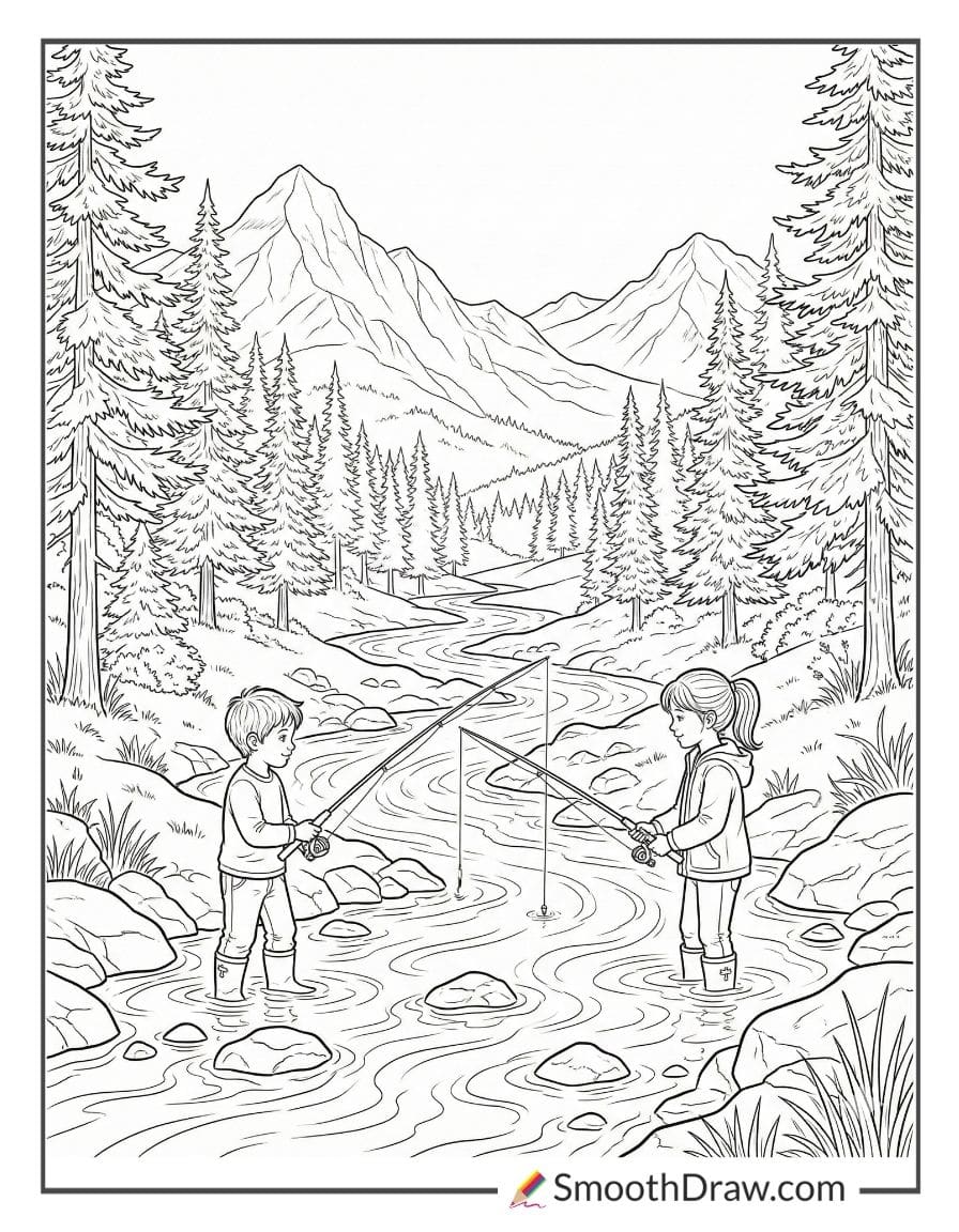 Kids Fishing In Mountain Stream