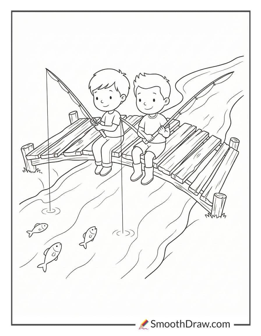 Kids Fishing Off Rickety Bridge Coloring Pages