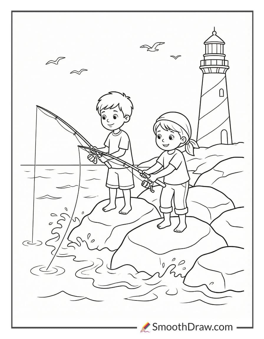 Kids Fishing On Rocky Coastline