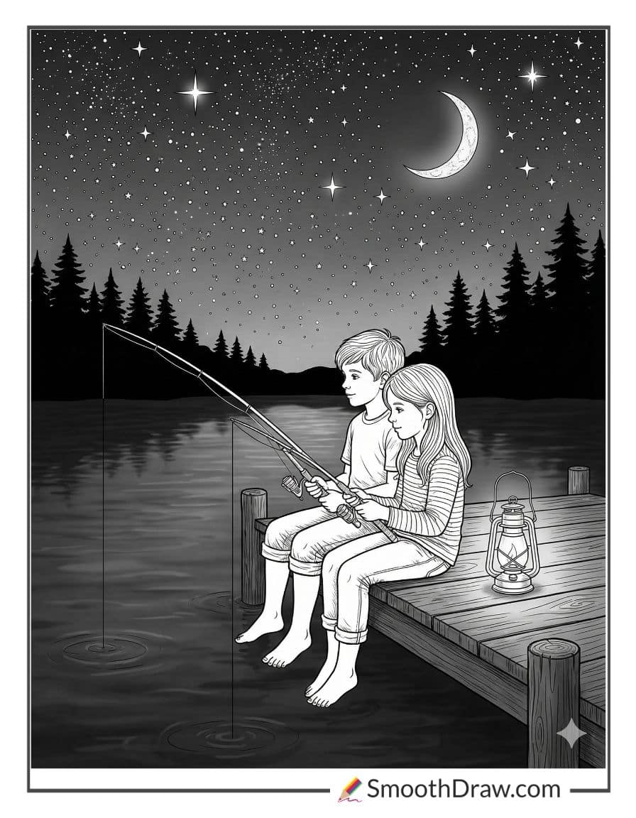 Kids Fishing Under Starry Sky