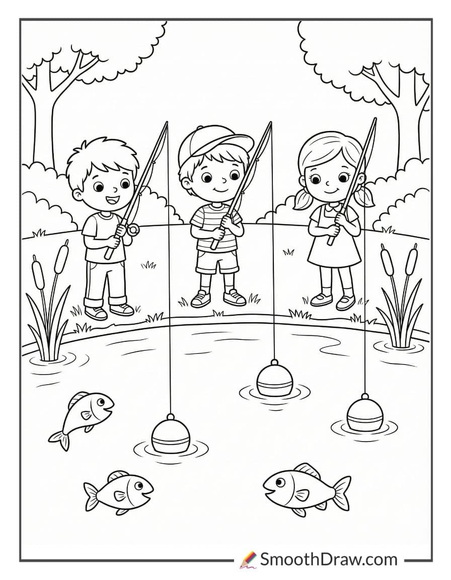Kids Fishing With Colorful Bobbers