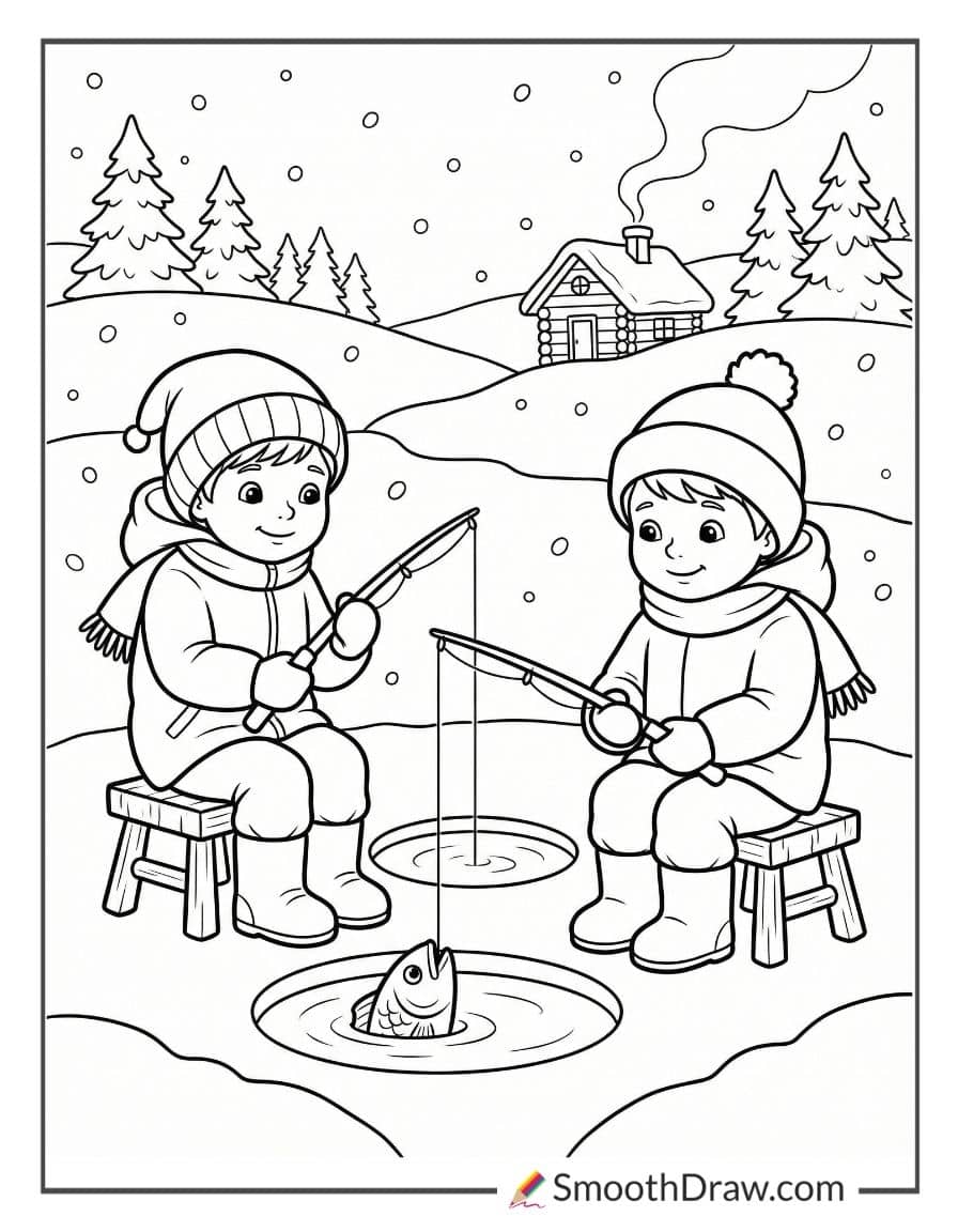 Kids Ice Fishing In Winter