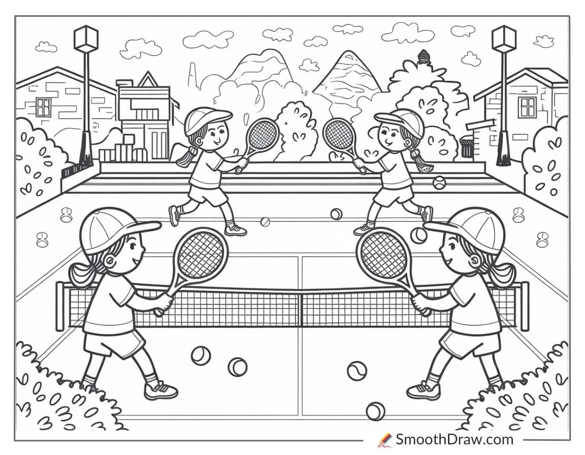 Kids playing doubles tennis match coloring page