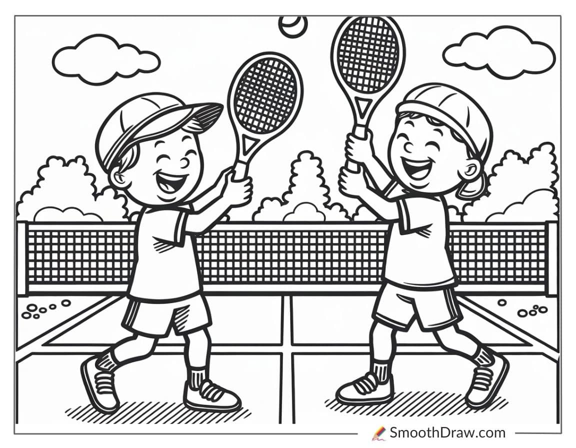 Kids practicing tennis drills