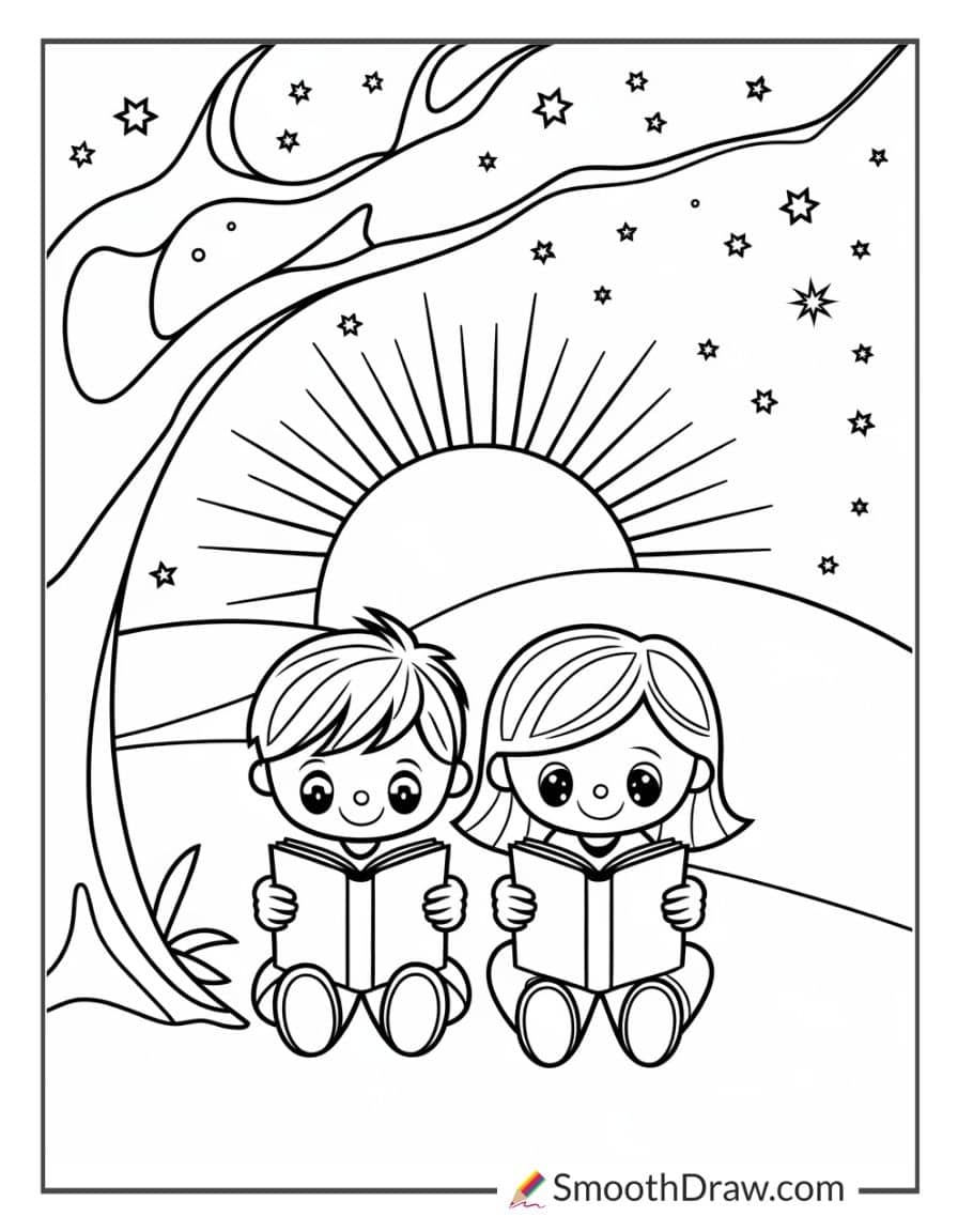 Kids reading at sunset