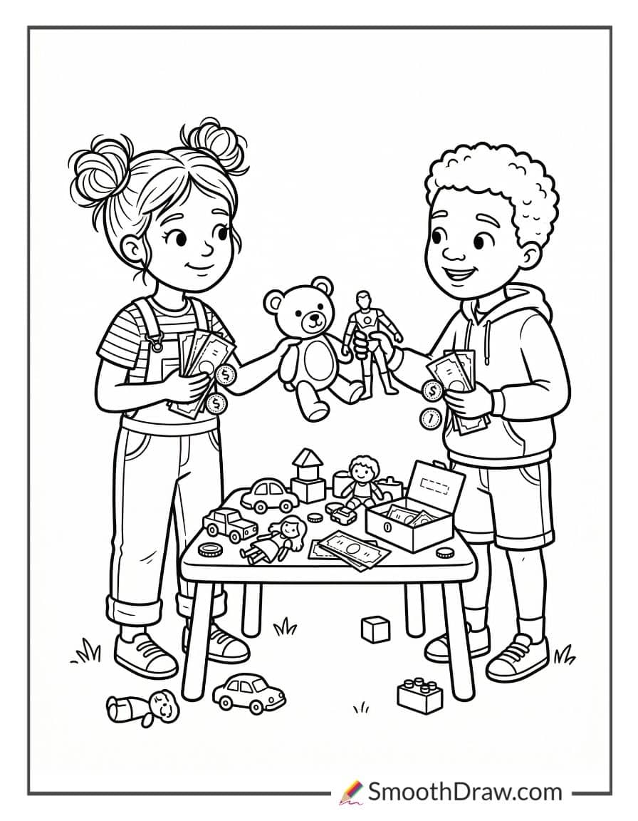 Kids trading toys using play money coloring page
