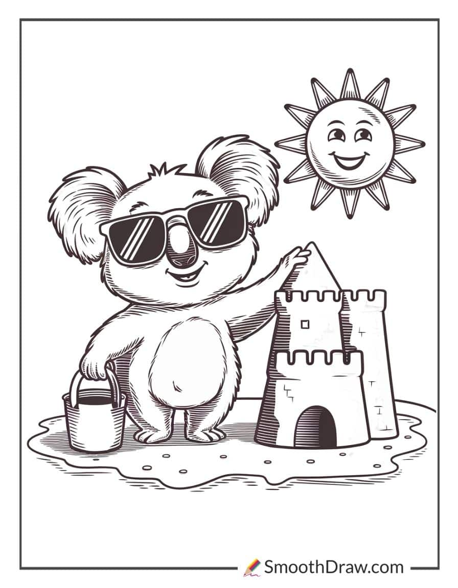 Koala at the beach coloring page