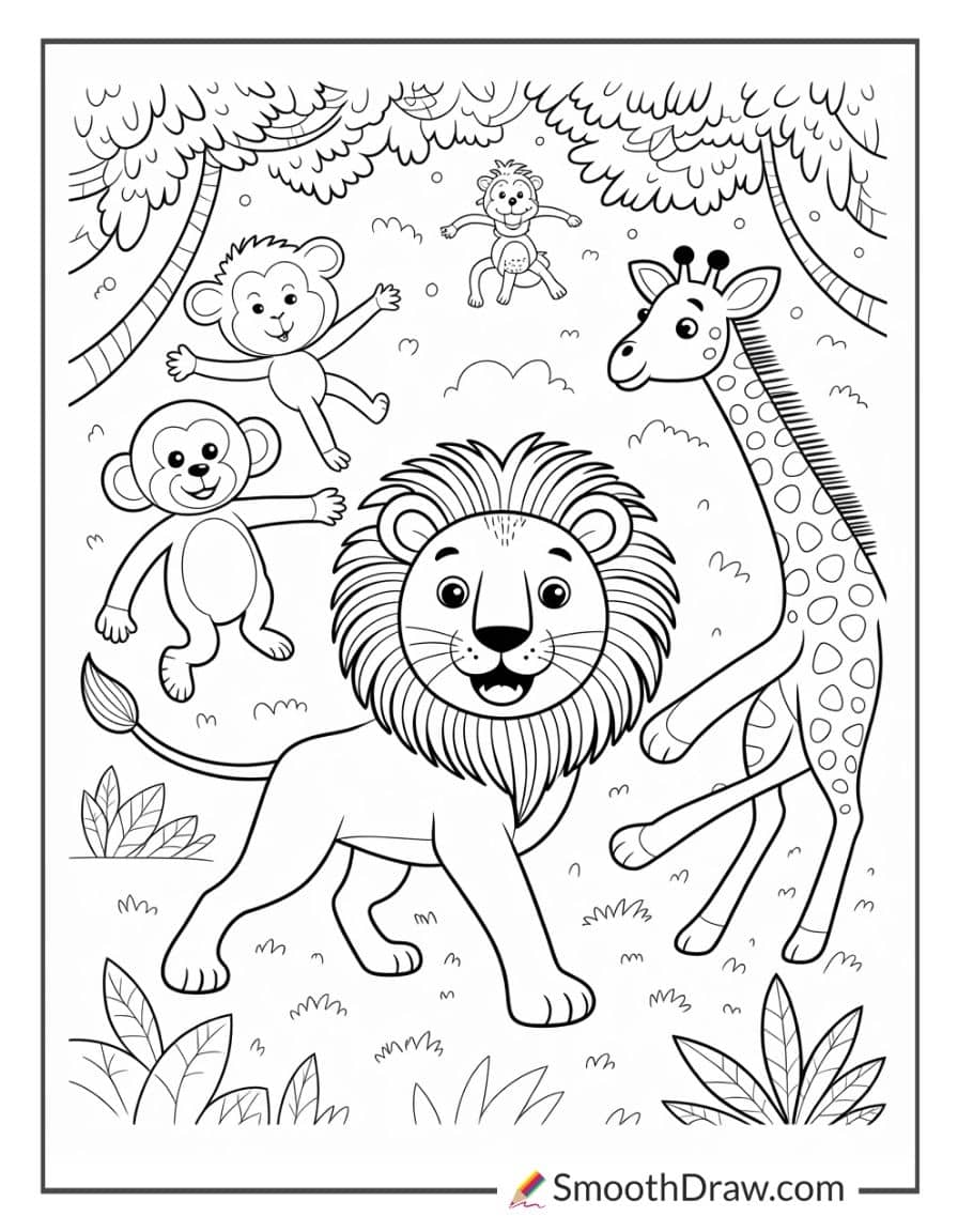 Lion And Animals Dancing In Jungle For Coloring