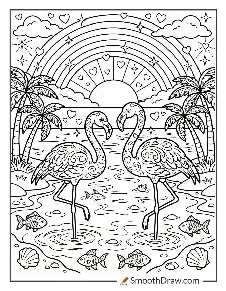 Lisa Frank tropical flamingos by sunset coloring sheet