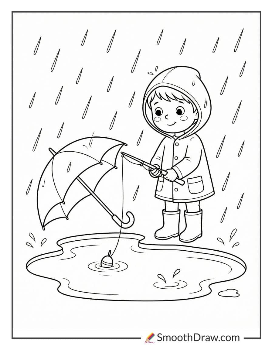 Little Boy Fishing In Rain