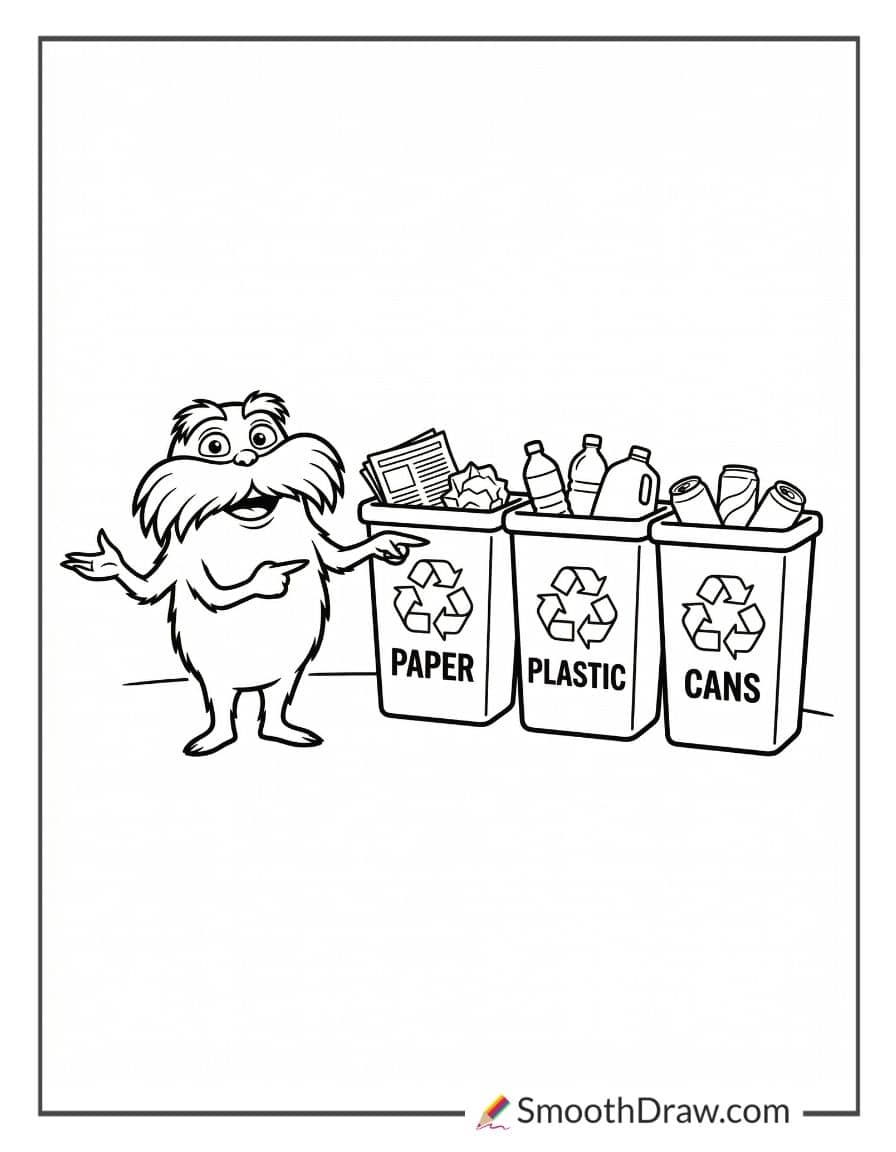 Lorax Pointing To Recycling Bins