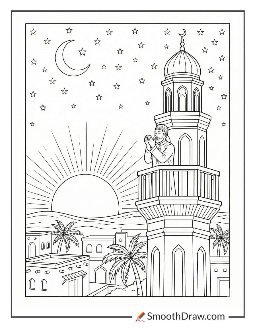 Man Calling To Prayer From Minaret Coloring Page