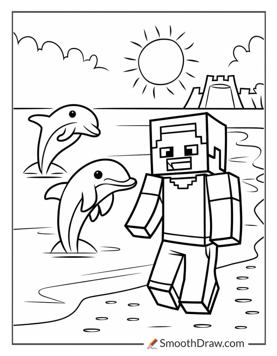 Minecraft Player at a Beach with Dolphins