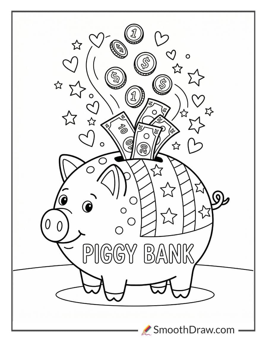 Money in a piggy bank coloring page