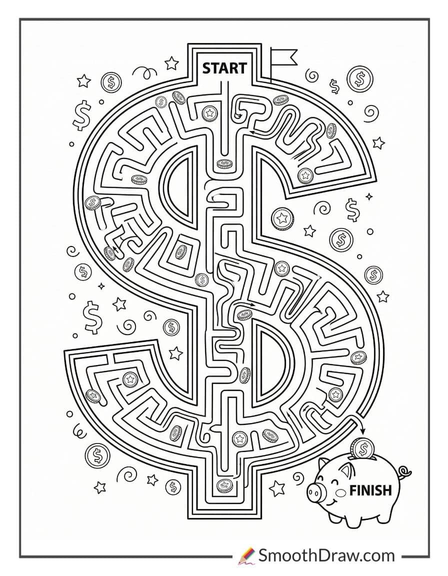 Money maze worksheet for coloring