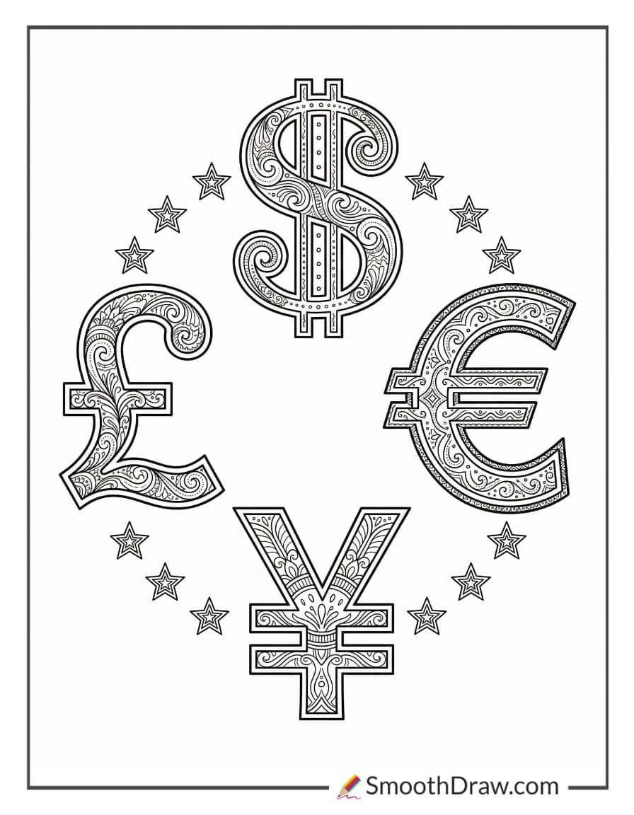 Money symbols from around world coloring sheet