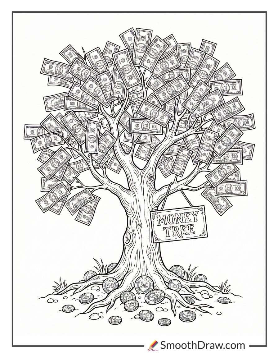 Money tree with bills as leaves