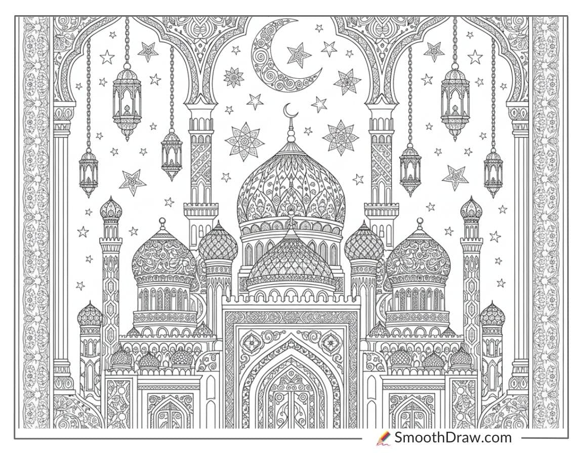 Mosque Courtyard Filled With Lights Coloring Page
