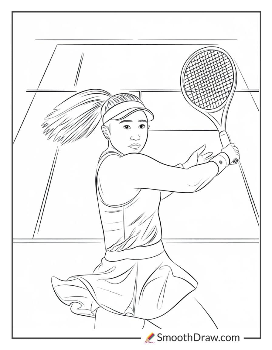 Naomi Osaka focused return shot coloring page