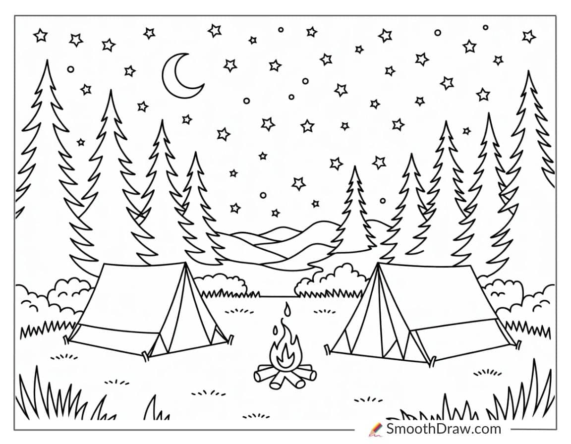 Night Sky Over Silent Campsite For Coloring