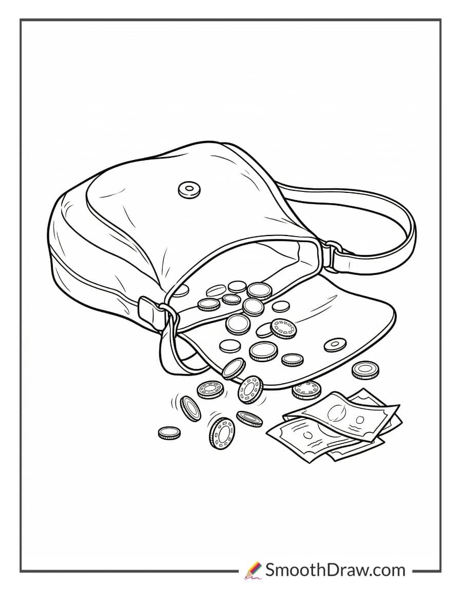 Open purse with scattered coins coloring pages