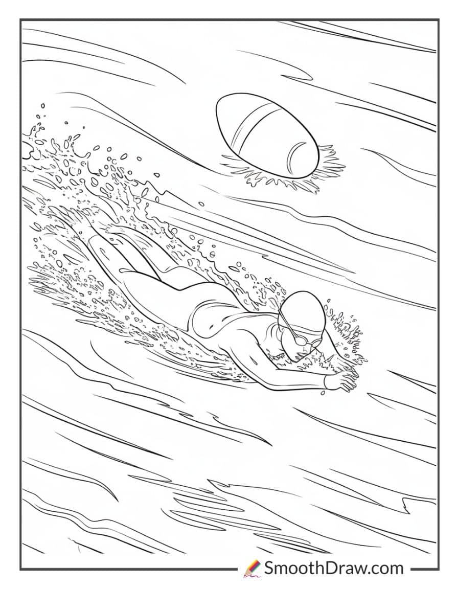 Open water swimmer racing through waves