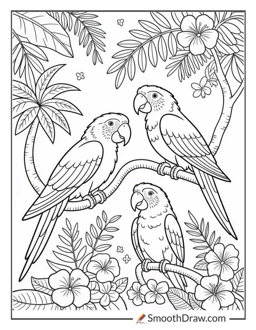 Parrots in tropical trees