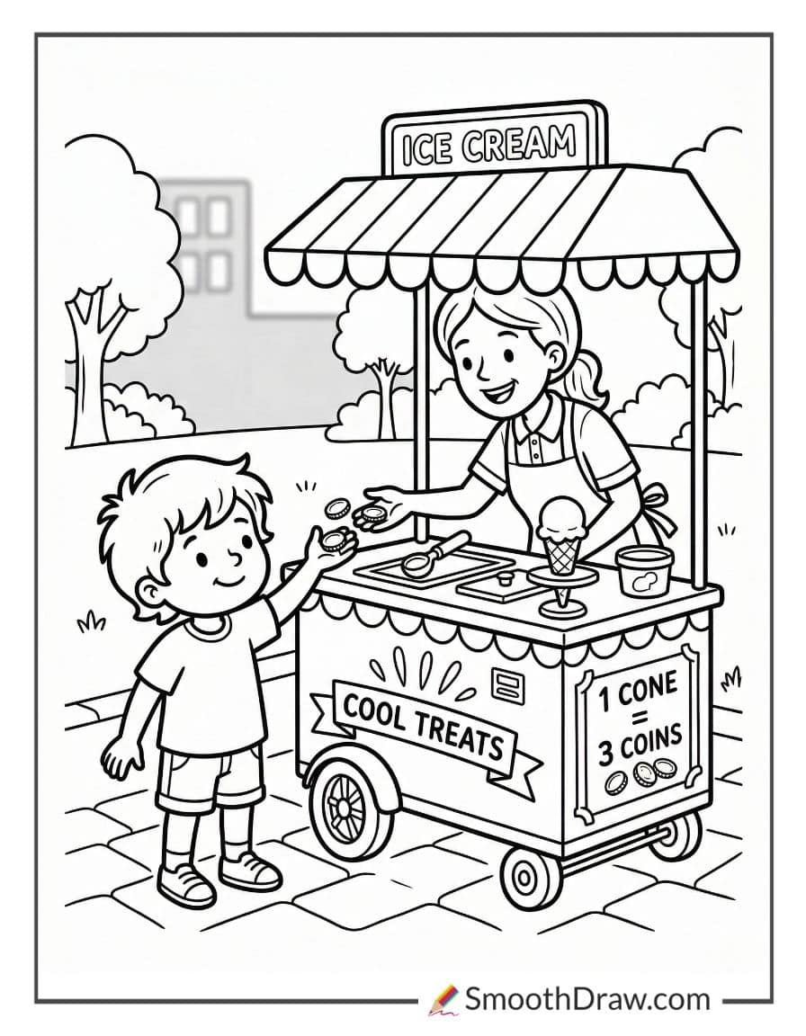 Paying for ice cream with coins coloring page