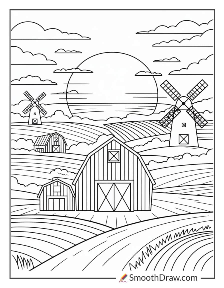 Peaceful rural sunset coloring sheet