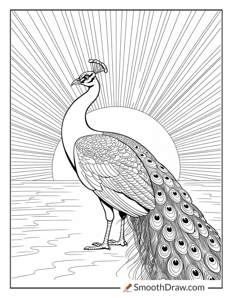 Peacock standing tall in sunset