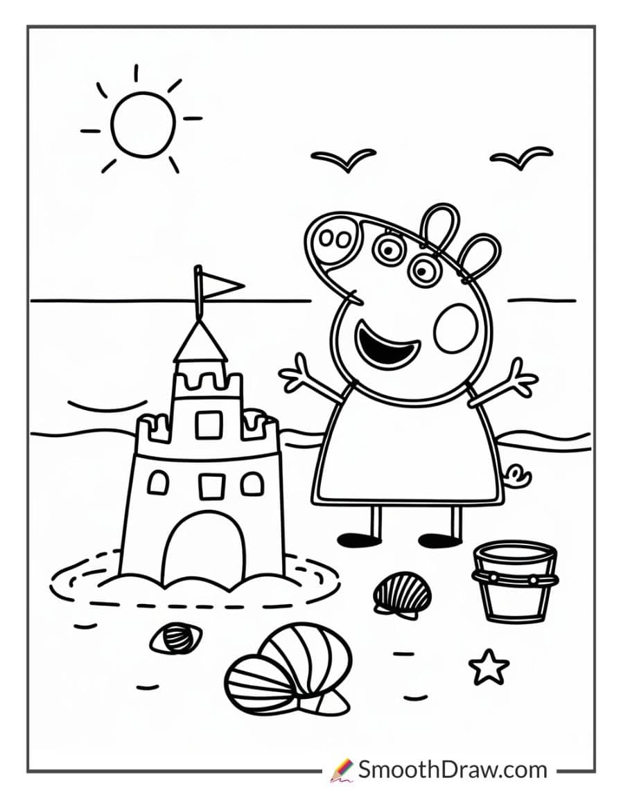 Peppa building a sandcastle on the beach