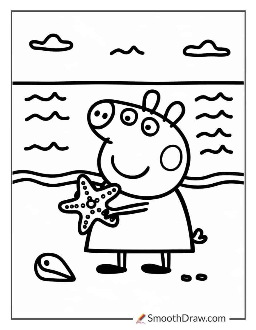 Peppa holding a starfish on the beach