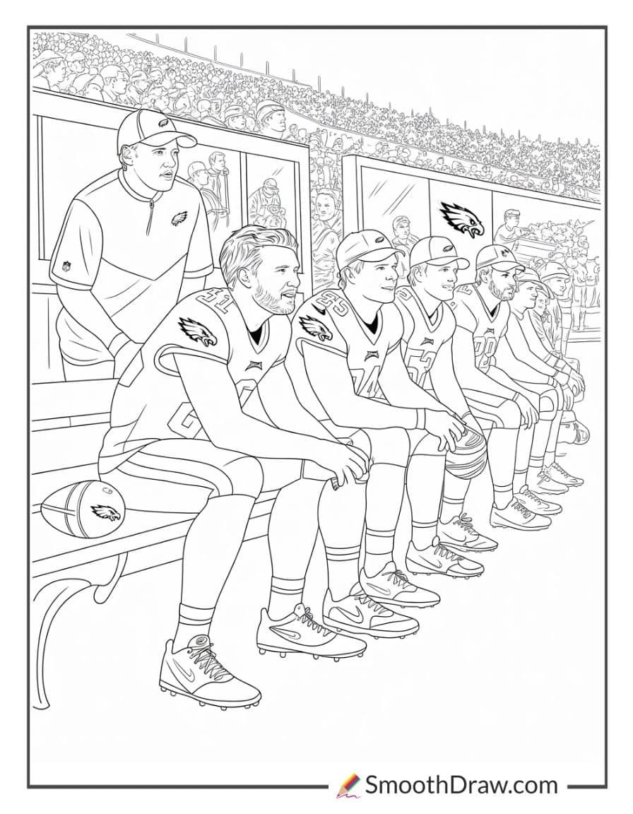 Philadelphia Eagles sideline bench scene coloring page