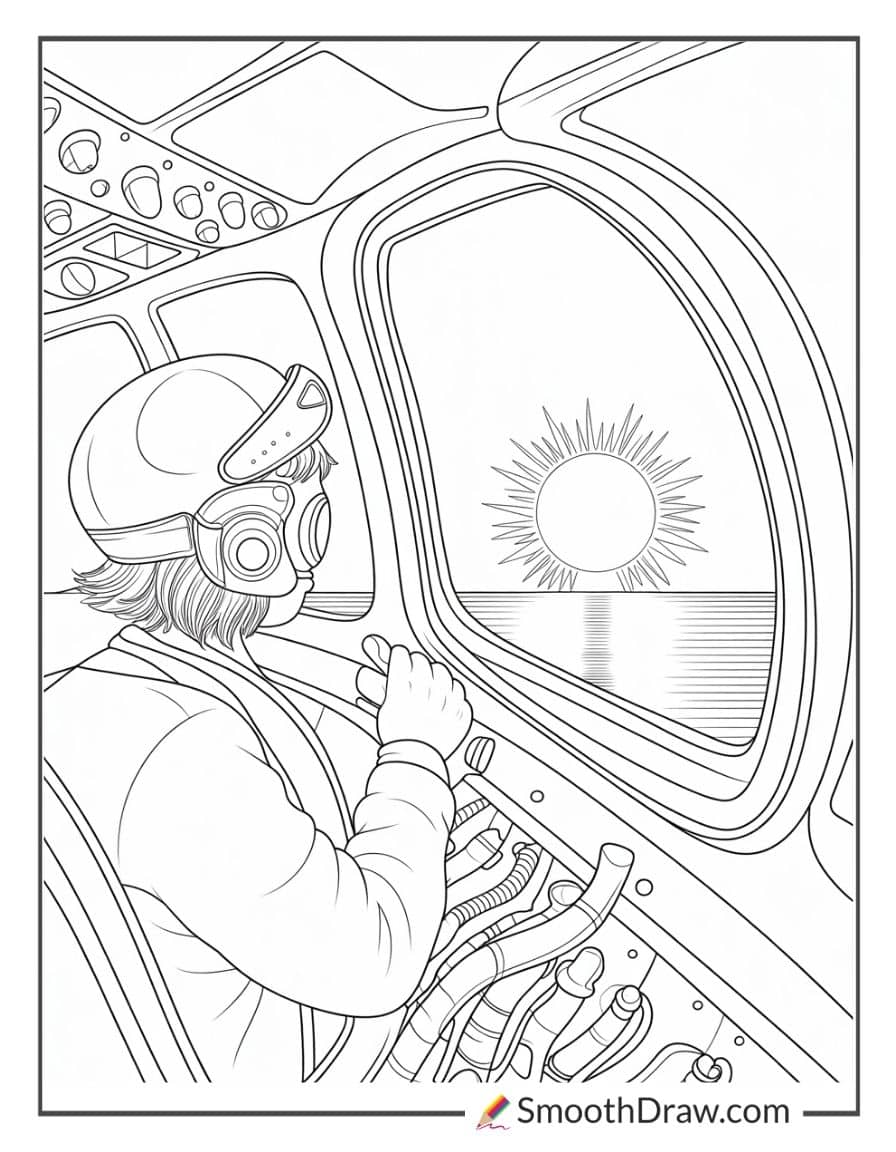 Pilot flying during sunset coloring sheet