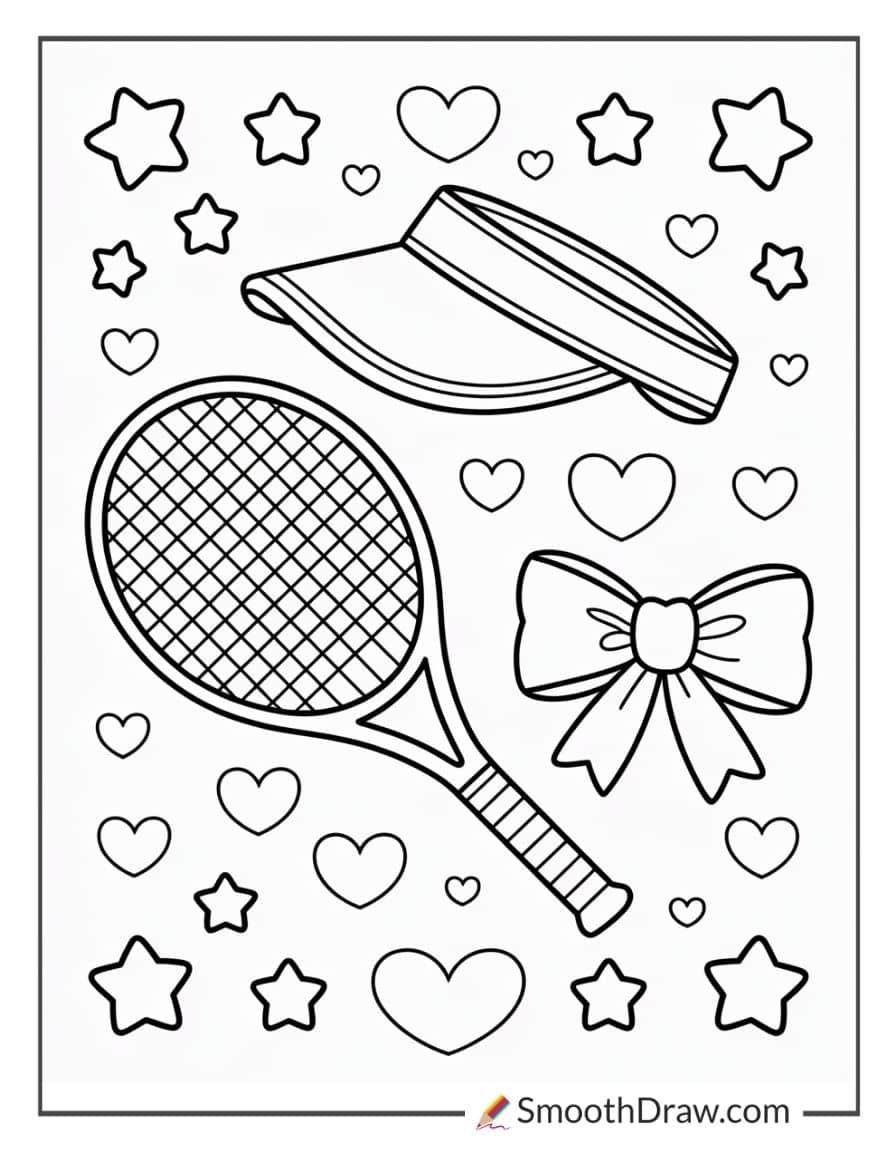 Pink tennis racket and visor coloring sheet