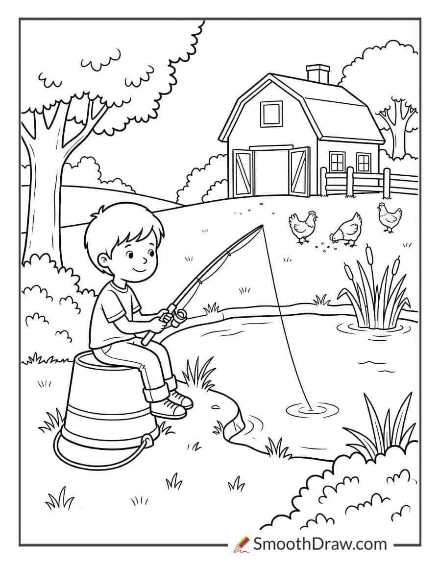 Pond Fishing Near Farmhouse